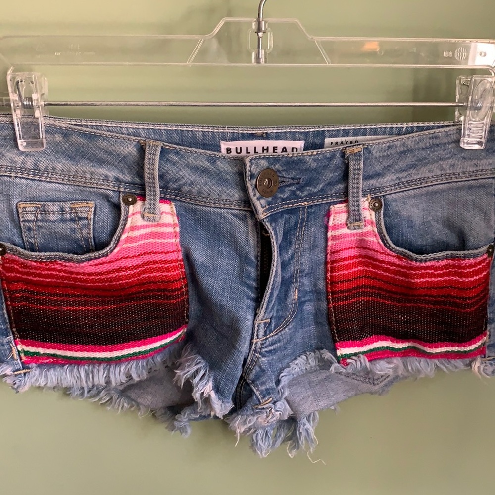 Bullhead Denim co frayed denim short shorts size 00 Baja hot pink multicolored